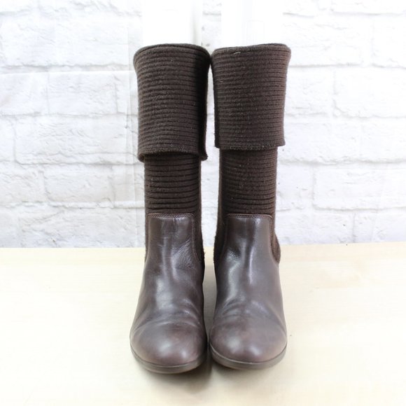 Lacoste Brown Ribbed Knit Mid Calf Leather Boots Size 7 - Picture 5 of 9